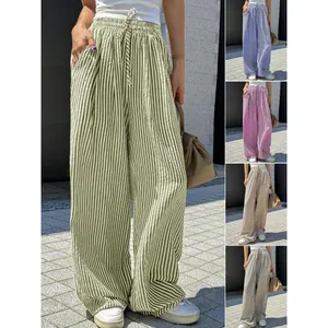 Damen High Waisted Gestreifte Hose Mit Geradem Bein Lockere Passform Kordelzug Lässige Weite Hose Mit Taschen Mode Bottom