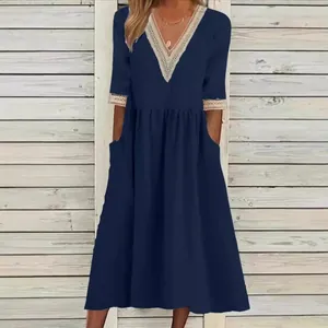 Elegant women's navy blue cotton linen midi dress featuring lace V-neck and pockets