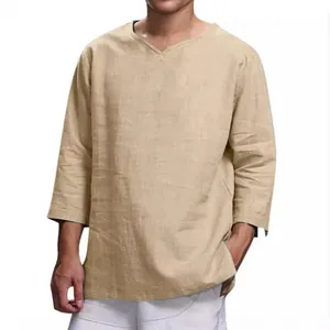 Premium casual men's loose V-neck cotton linen long-sleeve shirt in khaki beige