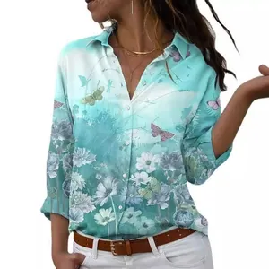 Elegant women's long sleeve collared shirt with teal floral and butterfly print design