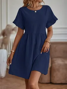 Casual navy blue cotton-linen dress featuring stylish ruffle sleeves and a round neck detail.