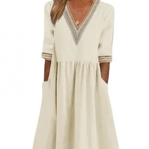Boho style women's plus size cotton linen V-neck midi dress with lace trim and pockets