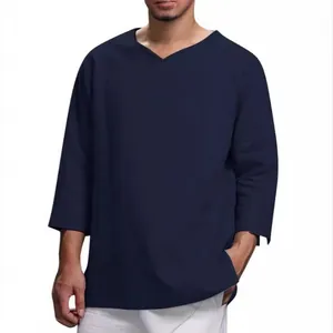 Men's loose V-neck cotton linen long sleeve shirt in navy blue casual style for daily wear