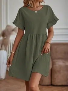 Elegant olive green cotton linen dress featuring ruffle sleeves and a relaxed fit