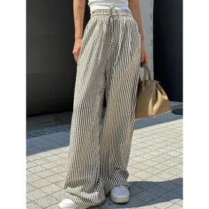 Damen lässige gestreifte Hose mit hoher Taille und weitem Bein für den modischen Alltag