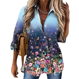 Women's loose floral print long sleeve shirt with gradient blue lapel collar