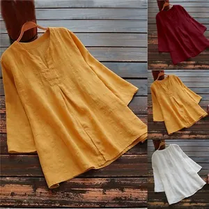 Women Cotton Blend Patchwork Shirt V Neck 3/4 Sleeve Plus Size Loose Top Casual Solid Color Cotton Linen Texture Blouse