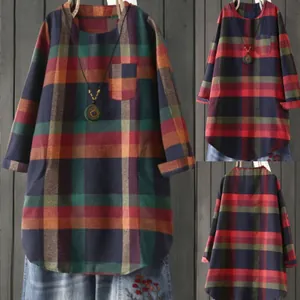 Damen Kariertes Langarm Midikleid Retro Lockeres Rundhals Patchwork Hemdkleid Große Größen Lässiges Tunikakleid