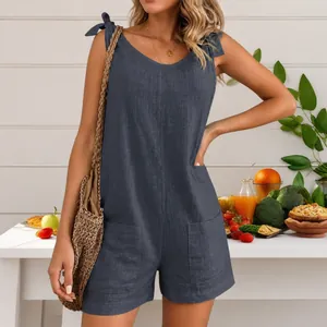 Casual grey cotton linen sleeveless romper with shoulder ties and pockets for women