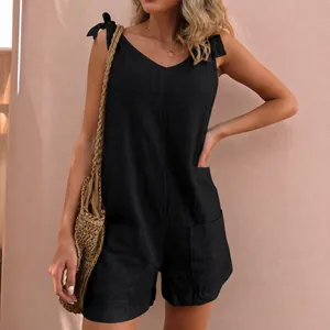 Casual zwarte dames jumpsuit van katoen linnen met strikbandjes en zakken