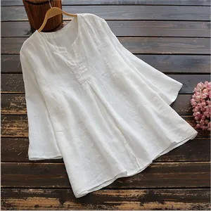 Breathable white cotton linen tunic top featuring 3/4 sleeves and a casual loose fit for women