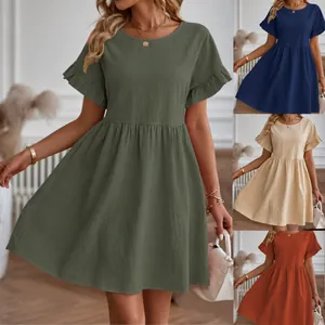 Women Casual Cotton Linen Dress Round Neck Ruffle Sleeve Loose Fit Pleated Summer Midi Dress With Pockets
