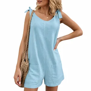 Casual light blue cotton linen sleeveless romper jumpsuit with pockets for women