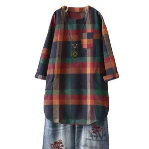 Loses langärmliges kariertes Hemdkleid für Damen im Vintage-Stil in Übergröße