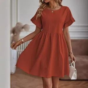 Loose fit burnt orange cotton linen short sleeve dress with ruffle hem and round neck