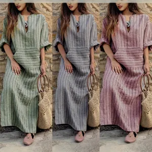 Women's Bohemian Striped Maxi Dress Loose Fit V-Neck Long Sleeve Polyester Kaftan Robe Dress With Pockets Casual Holiday Dress