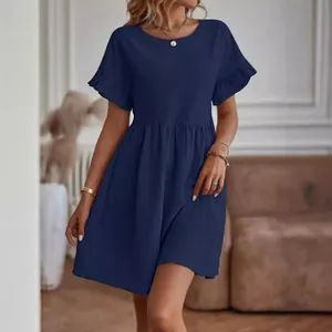 Navy blue cotton linen dress with ruffled sleeves and round neck for women casual wear.