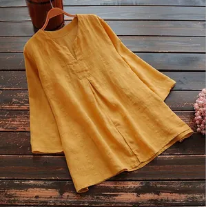 Casual loose cotton linen tunic for women with 3/4 sleeves in solid mustard yellow color