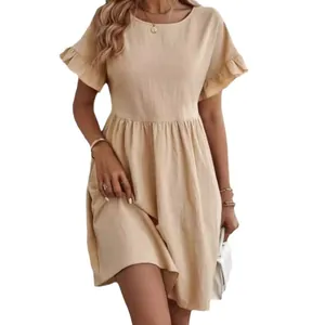Casual loose cotton linen round neck midi dress with ruffle sleeves and pockets in beige