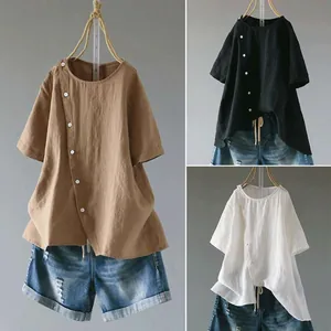 Damen Casual Baumwolle Bluse Rundhals Kurzarm Unregelmäßiger Saum Patchwork Knopf Top Lockere Passform Einfarbig Sommer Hemd