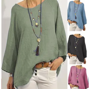 Camicetta Casual da Donna in Cotone e Lino Tinta Unita Girocollo Maniche a Tre Quarti Raglan Top Retrò Estivo