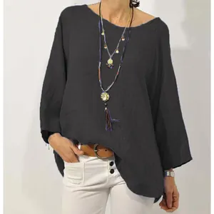 Casual dark grey cotton linen round neck blouse with three-quarter raglan sleeves for women