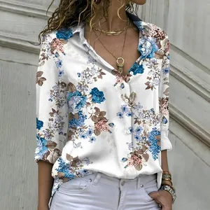 Elegant white floral print long sleeve button-down shirt for women with lapel collar