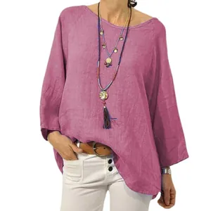 Mauve women's cotton linen blouse with round neck, loose fit and raglan nine-point sleeves.
