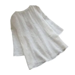 Comfortable women's plus size loose white cotton linen tunic top with three-quarter sleeves