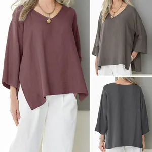 Multi-angle views of loose V-neck cotton linen shirt with 3/4 sleeves and side slits
