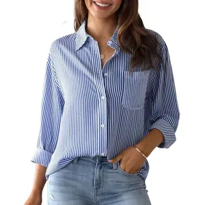 Camisa informal de manga larga con rayas verticales azules y blancas y bolsillo delantero