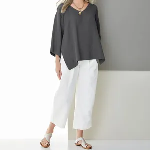 Elegant women's loose fit V-neck cotton linen shirt with 3/4 sleeves and side slit design