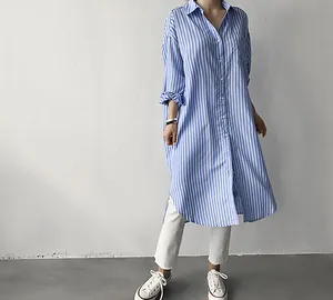 Loose-fit blue and white vertical striped long-sleeved midi shirt dress for women