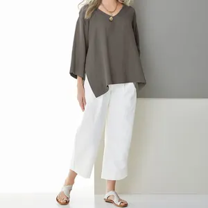 Women's loose V-neck cotton linen shirt with 3/4 sleeves and chic side slits