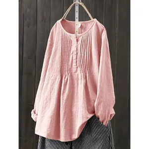 Pink cotton linen long sleeve blouse with pleated detail and loose fit