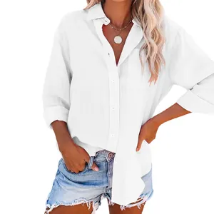 Chemise décontractée à manches longues pour femmes, boutonnée en blanc avec poche