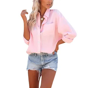 Chemise boutonnée rose pour femmes, coupe décontractée, manches longues avec poche avant