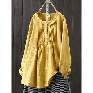 Women's yellow loose cotton linen long sleeve shirt with pleated round neck design