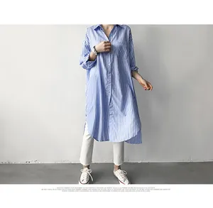 Detail view showing the full silhouette and striped pattern of the blue and white shirt