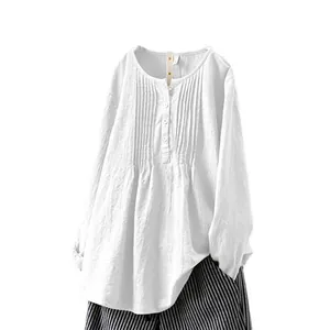 Loose white cotton linen long sleeve blouse with pleated round neck and button detail