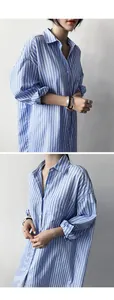 Detailed view of oversized blue and white vertical striped long sleeve shirt for women.