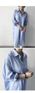 Close-up of women's blue and white vertical striped loose shirt showing collar detail