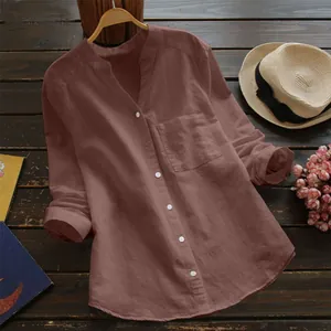 Chemisier vintage en coton et lin marron à boutons et poche