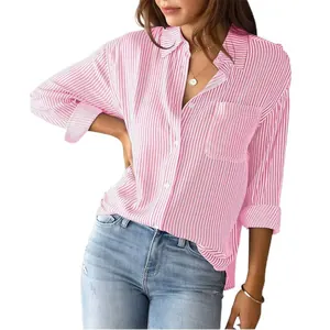 Women's casual loose pink striped long sleeve button-down shirt blouse.