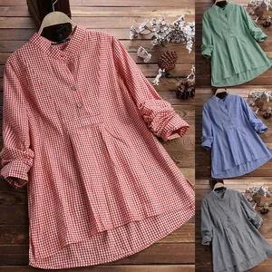 Haut Pull à Carreaux Femme Col Montant Manches Longues Coupe Ample Vintage Chemise en Polyester pour Tenue Quotidienne Décontractée Blouse