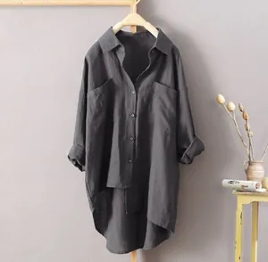 Chemise décontractée en coton et lin gris avec doubles poches et manches longues