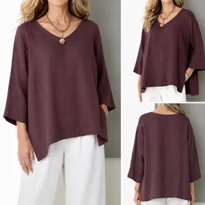Women's V-Neck Cotton Blend Blouse Loose Casual Top With Side Split Three-Quarter Sleeve Solid Color T-Shirt For Daily Leisure