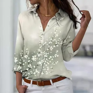Elegant white floral print long sleeve shirt featuring lapel collar and single-breasted front