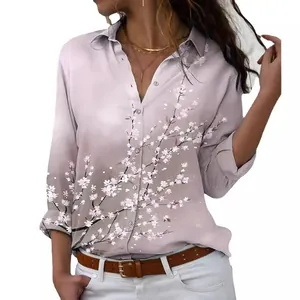 Elegant long sleeve button-down shirt with floral cherry blossom print for women