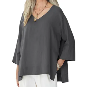 Women's V-neck cotton linen blouse with 3/4 sleeves and loose fit side slit